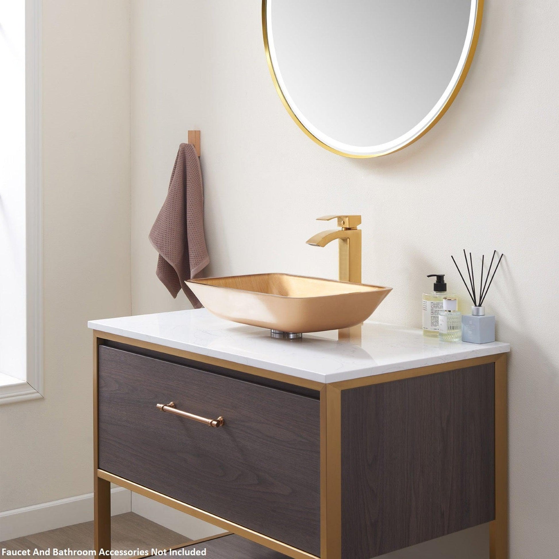 Vinnova Tudela 18" Gold Rectangular Tempered Glass Painted by Hand Vessel Bathroom Sink Without Faucet