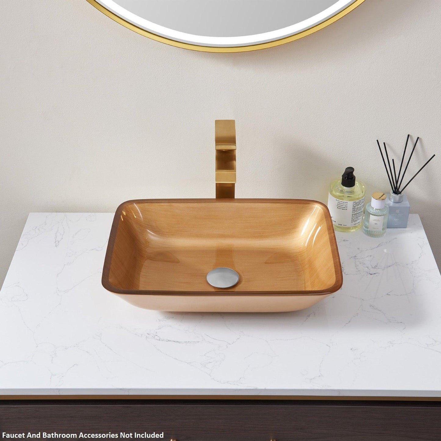 Vinnova Tudela 18" Gold Rectangular Tempered Glass Painted by Hand Vessel Bathroom Sink Without Faucet