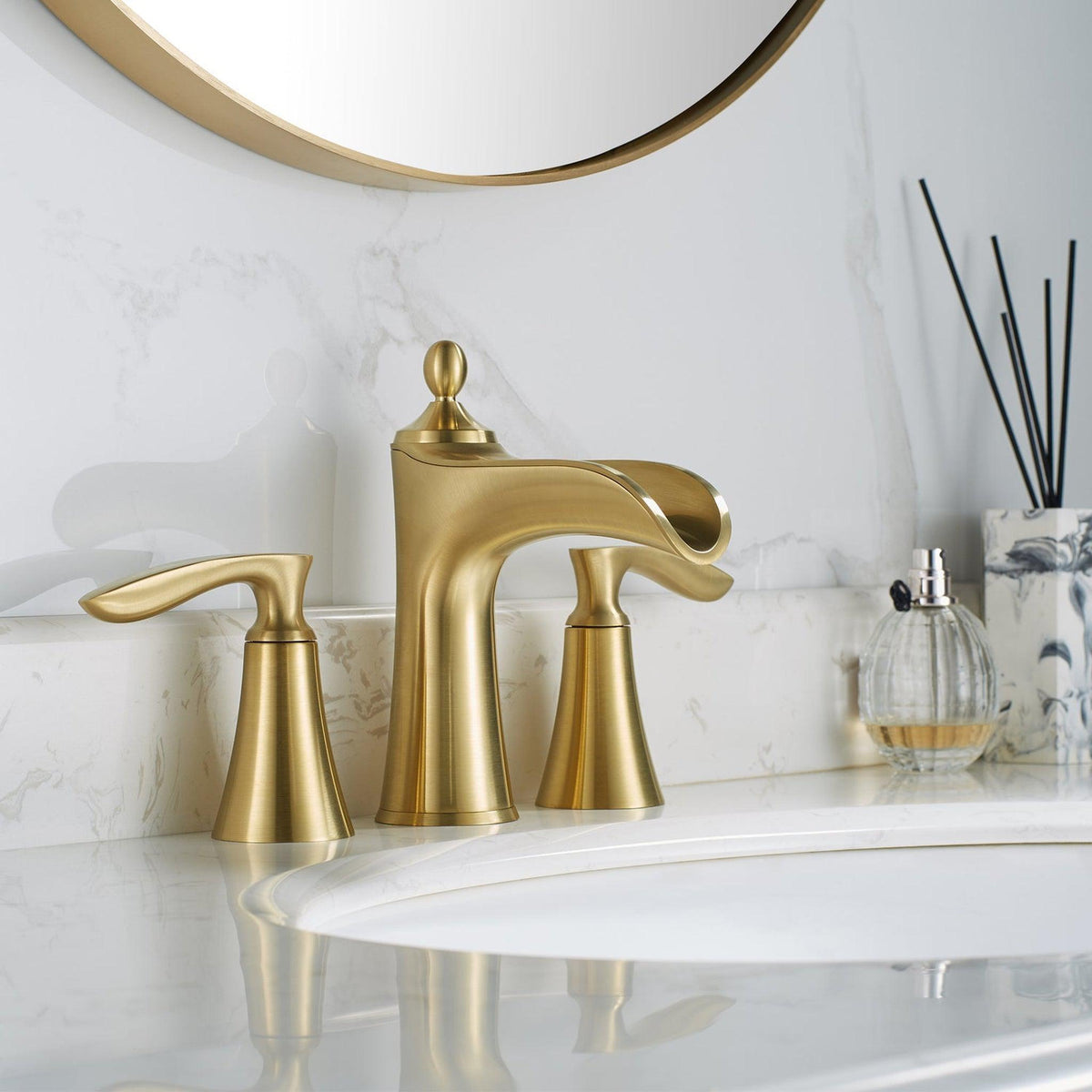 Topshower 8 Inch Widespread Gold Waterfall Bathroom Sink Faucet – 3-Hole Swan Neck Mixer Tap