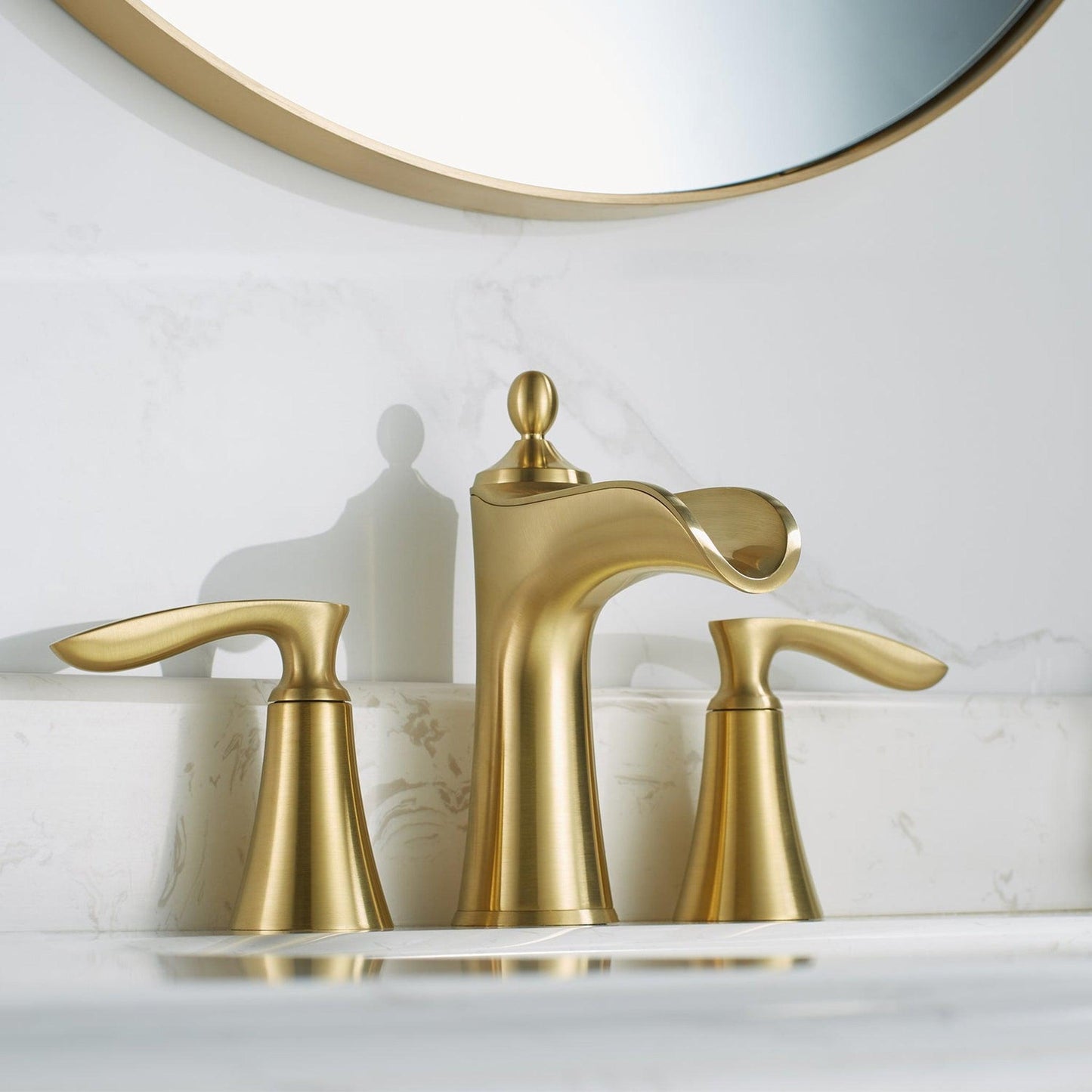 Vinnova Ukiah 7" Two Hole Brushed Gold 8" Widespread Low Arc Waterfall Bathroom Sink Faucet