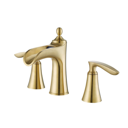 Vinnova Ukiah 7" Two Hole Brushed Gold 8" Widespread Low Arc Waterfall Bathroom Sink Faucet