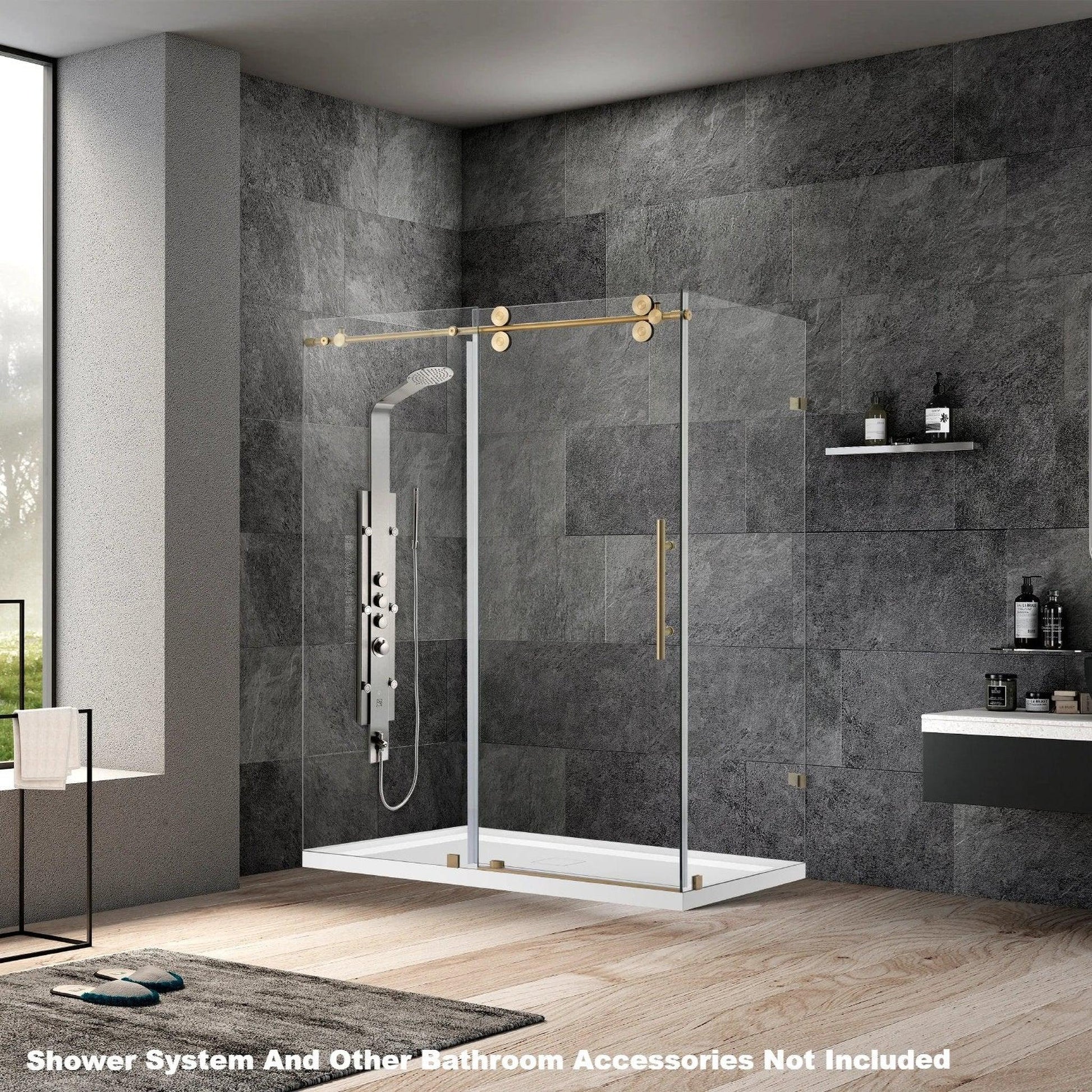 Vinnova Villena 52" x 78" Brushed Gold Rectangle Single Sliding Frameless Shower Enclosure