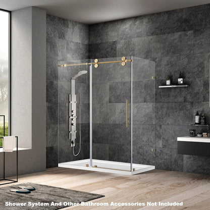 Vinnova Villena 52" x 78" Brushed Gold Rectangle Single Sliding Frameless Shower Enclosure