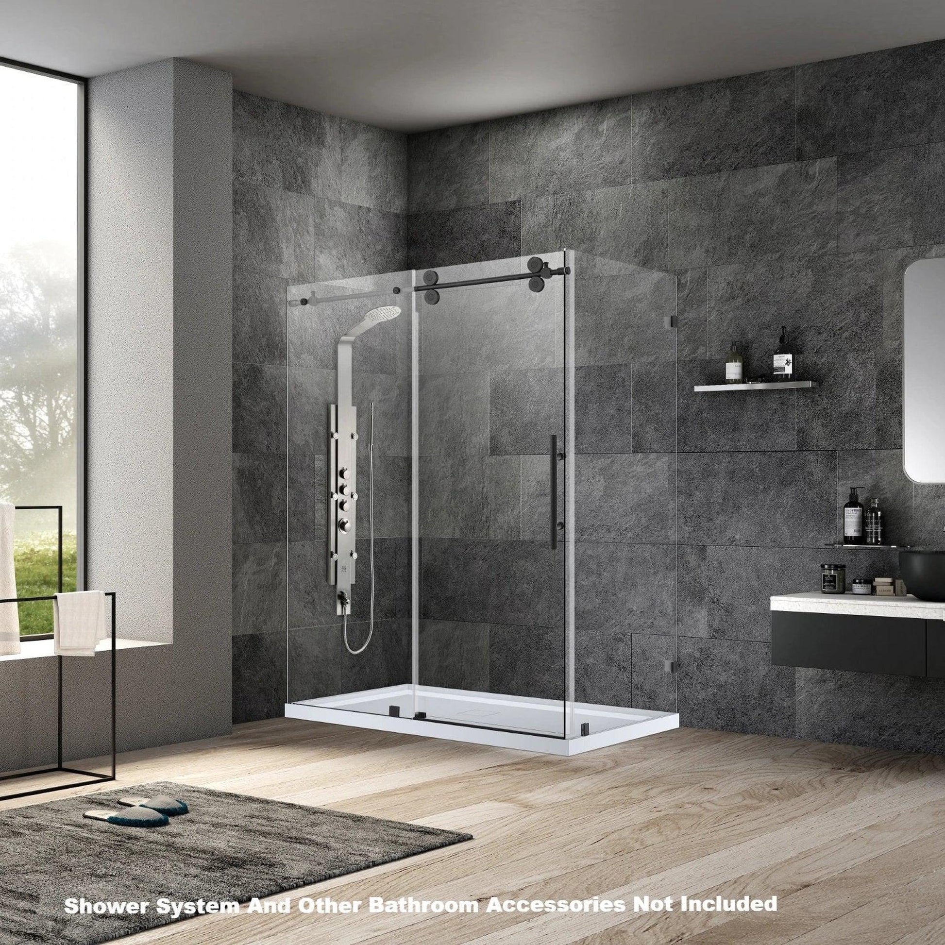 Vinnova Villena 52" x 78" Matte Black Rectangle Single Sliding Frameless Shower Enclosure