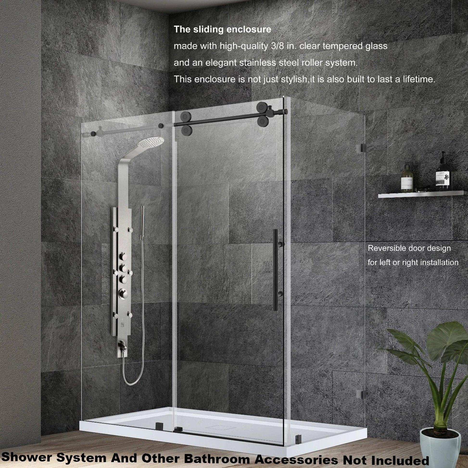 Vinnova Villena 52" x 78" Matte Black Rectangle Single Sliding Frameless Shower Enclosure