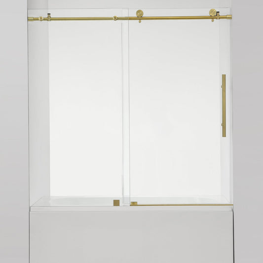 Vinnova Villena 60" x 58" Brushed Gold Single Sliding Frameless Glass Tub Door