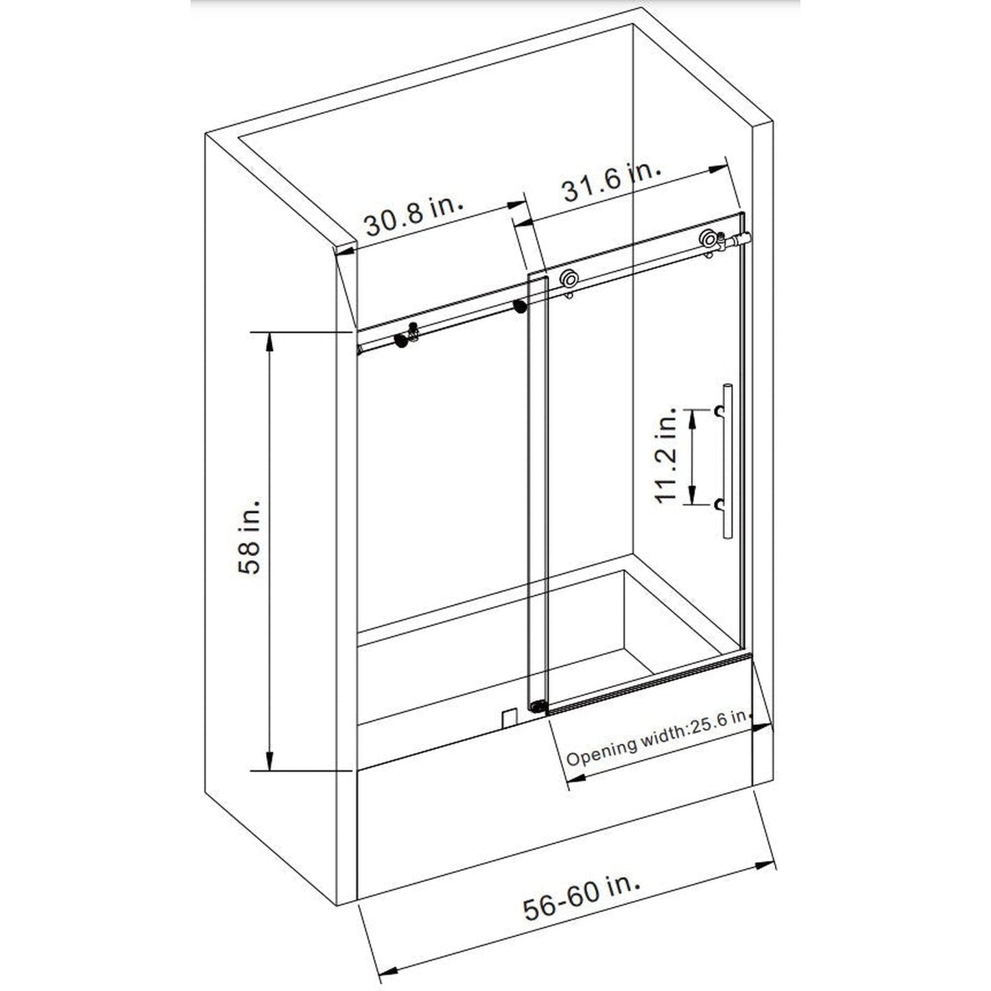 Vinnova Villena 60" x 58" Matte Black Single Sliding Frameless Glass Tub Door