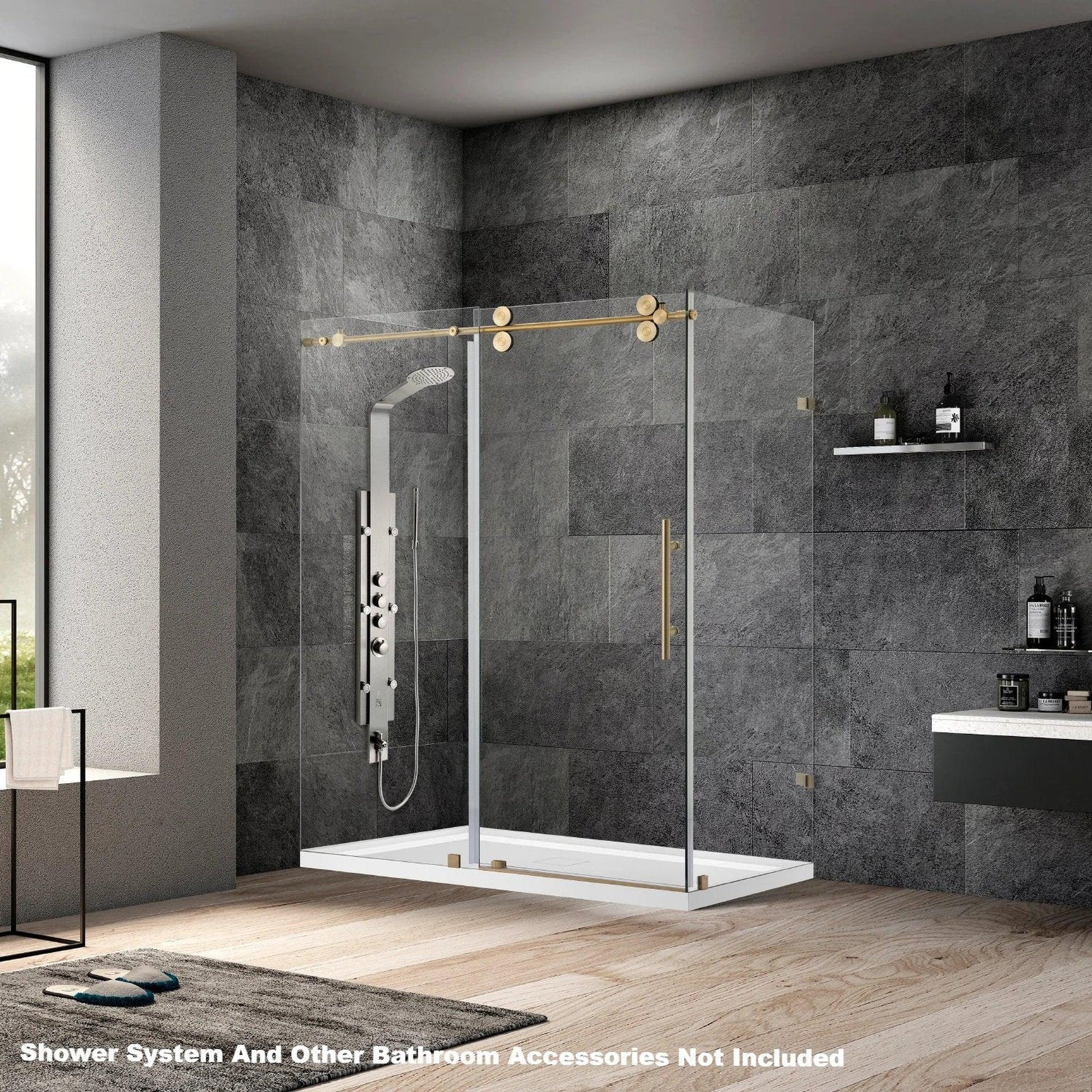 Vinnova Villena 60" x 78" Brushed Gold Rectangle Single Sliding Frameless Shower Enclosure