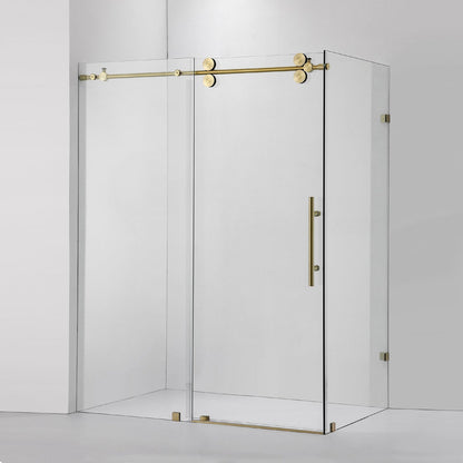 Vinnova Villena 60" x 78" Brushed Gold Rectangle Single Sliding Frameless Shower Enclosure