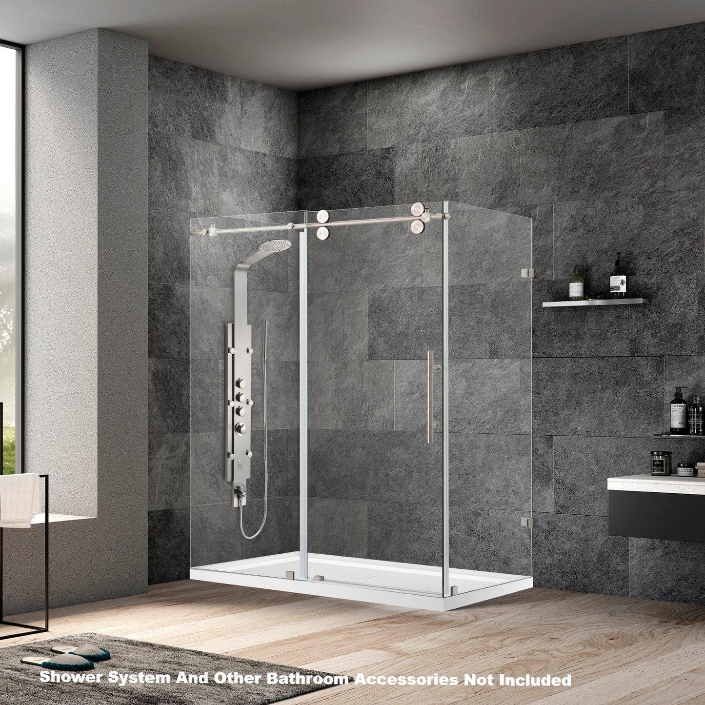 Vinnova Villena 60" x 78" Brushed Nickel Rectangle Single Sliding Frameless Shower Enclosure