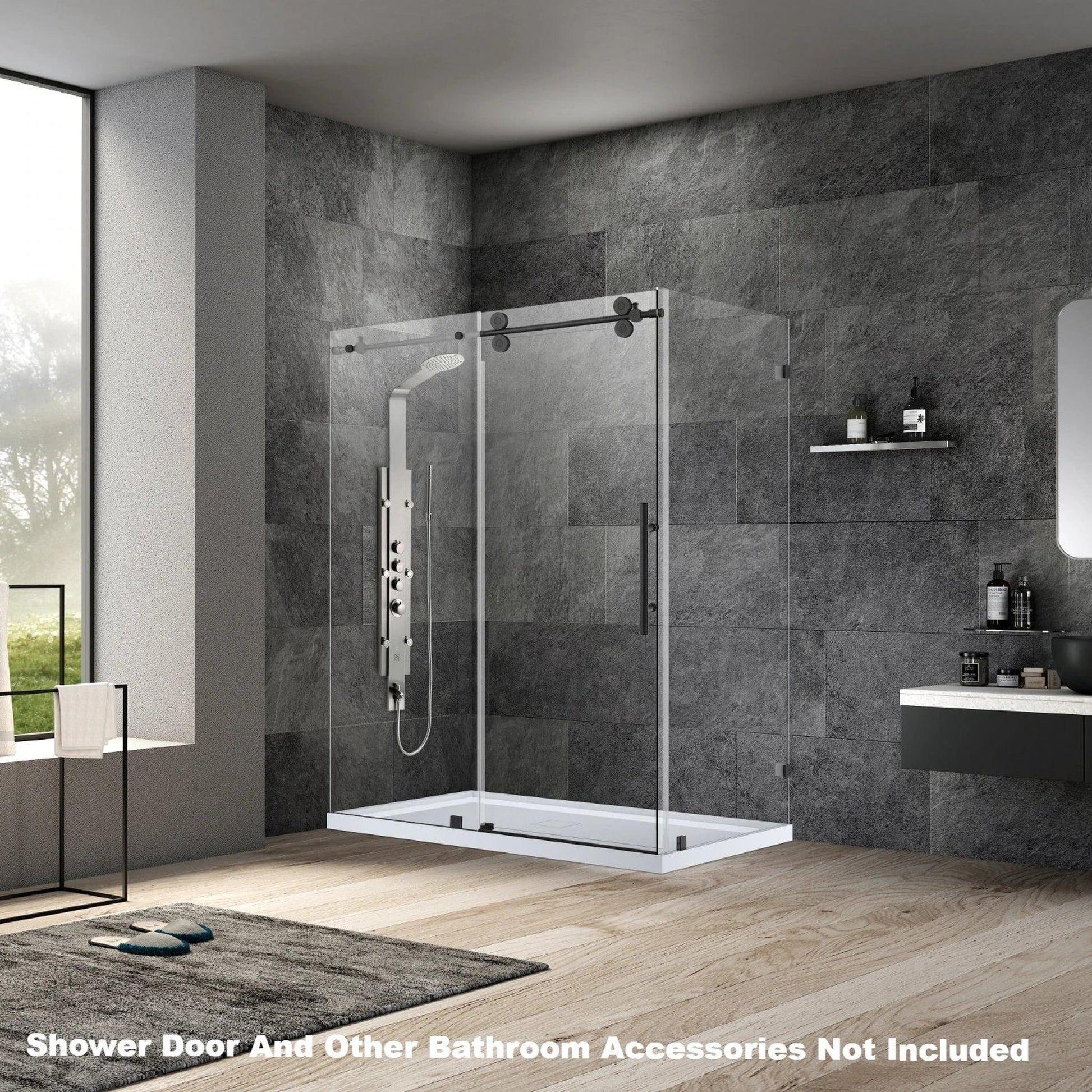 Vinnova Villena 60" x 78" Matte Black Rectangle Single Sliding Frameless Shower Enclosure