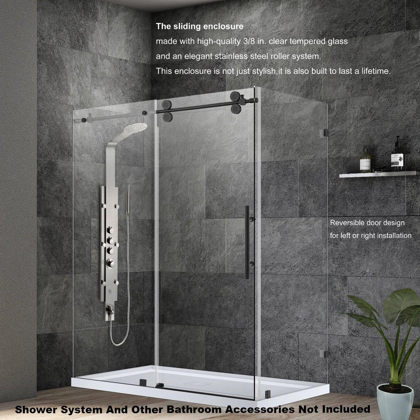 Vinnova Villena 60" x 78" Matte Black Rectangle Single Sliding Frameless Shower Enclosure