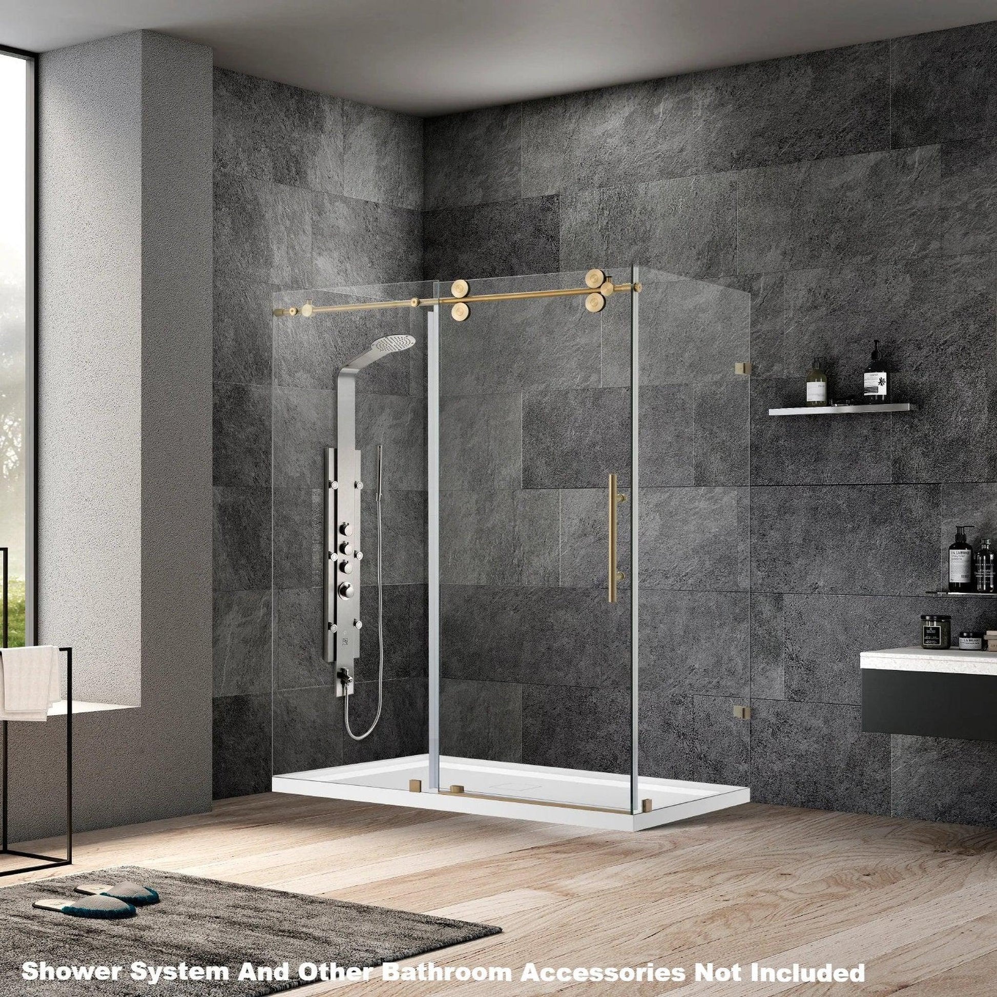 Vinnova Villena 68" x 78" Brushed Gold Rectangle Single Sliding Frameless Shower Enclosure