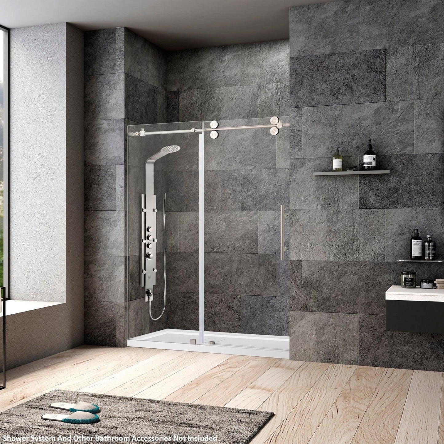 Vinnova Villena 68" x 78" Brushed Nickel Single Sliding Frameless Shower Door