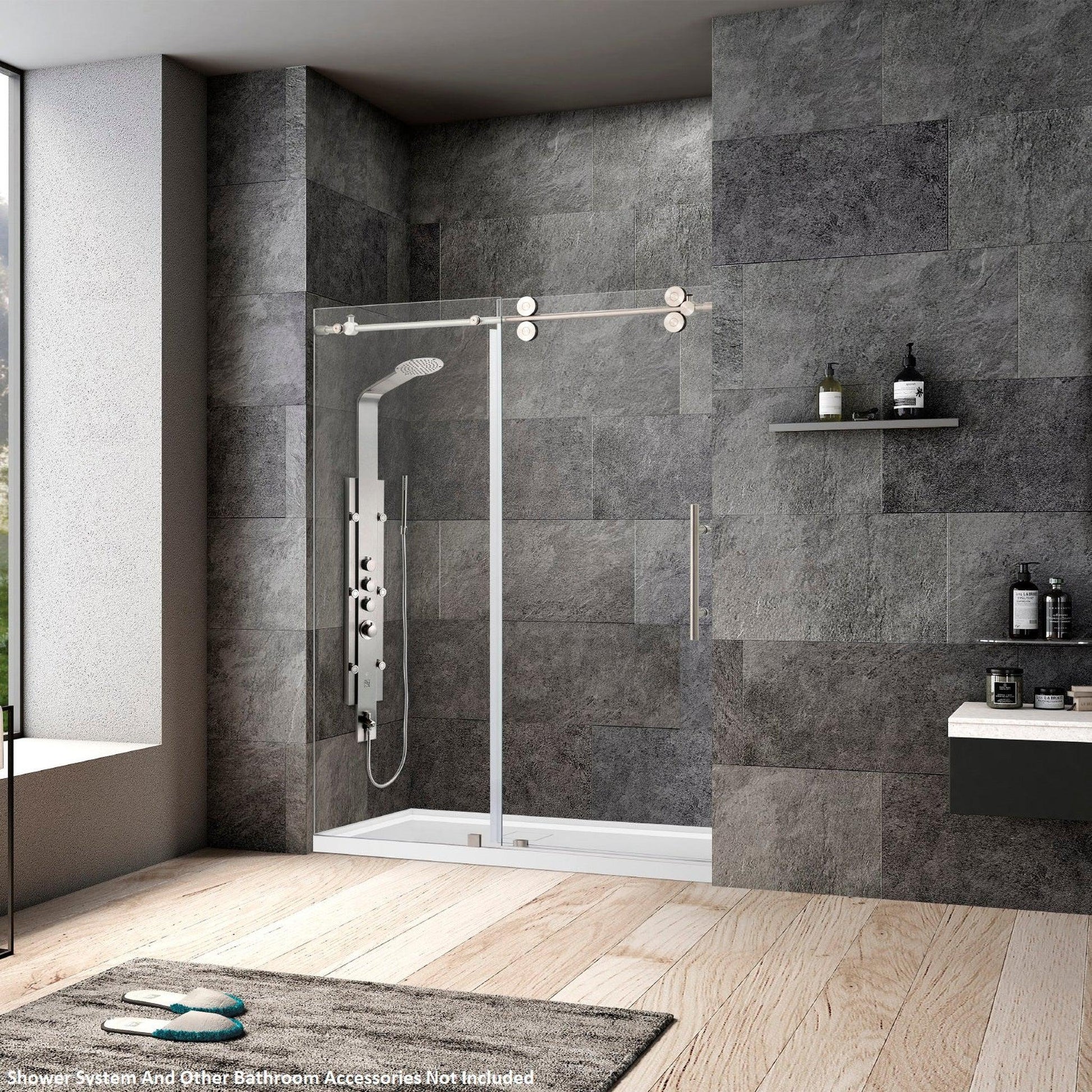 Vinnova Villena 68" x 78" Brushed Nickel Single Sliding Frameless Shower Door