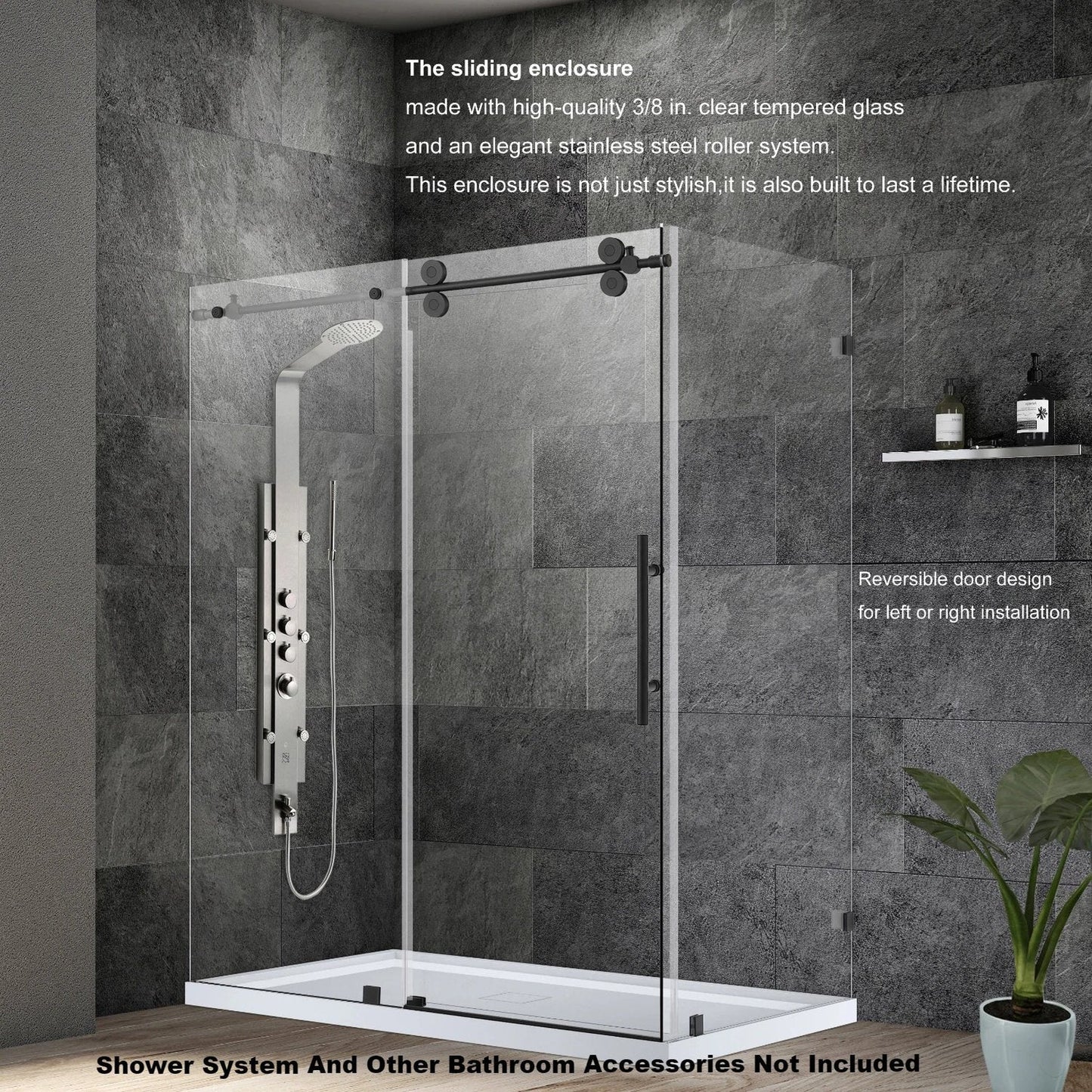 Vinnova Villena 68" x 78" Matte Black Rectangle Single Sliding Frameless Shower Enclosure