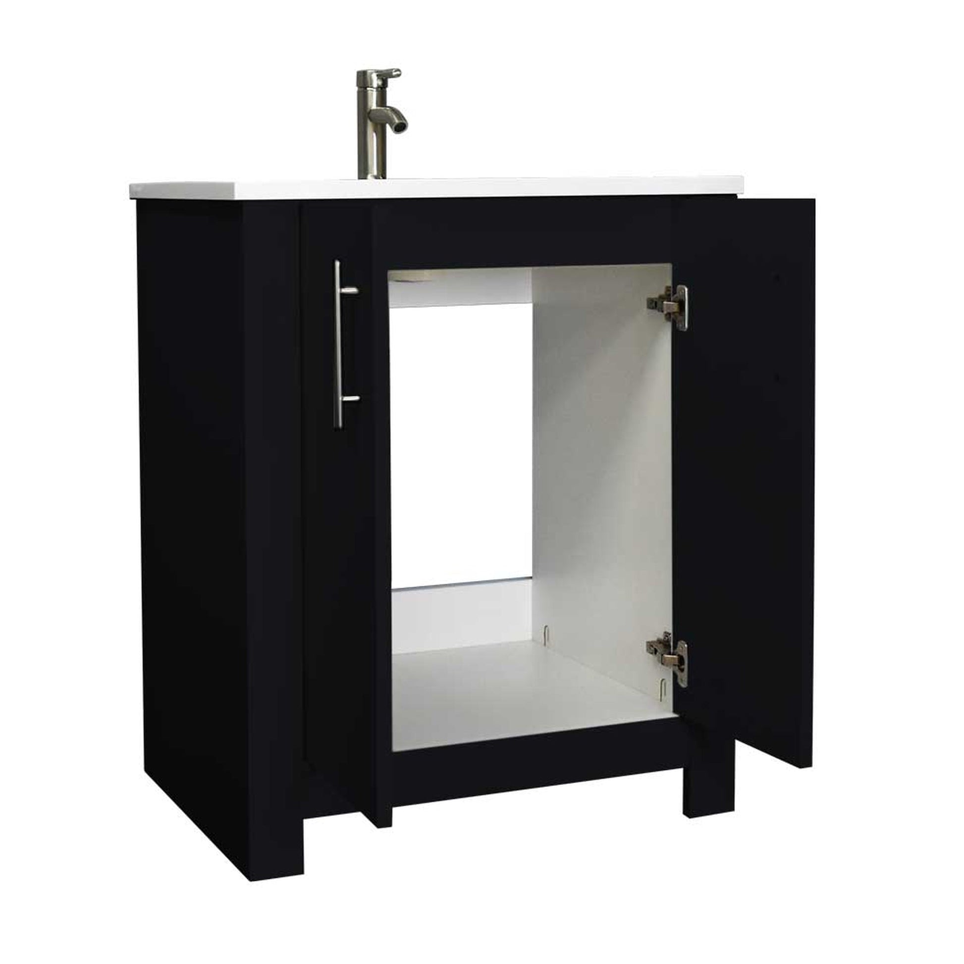 Volpa USA Austin 24" x 20" Glossy Black Modern Freestanding Bathroom Vanity With Acrylic Top, Integrated Acrylic Sink And Brushed Nickel Handles