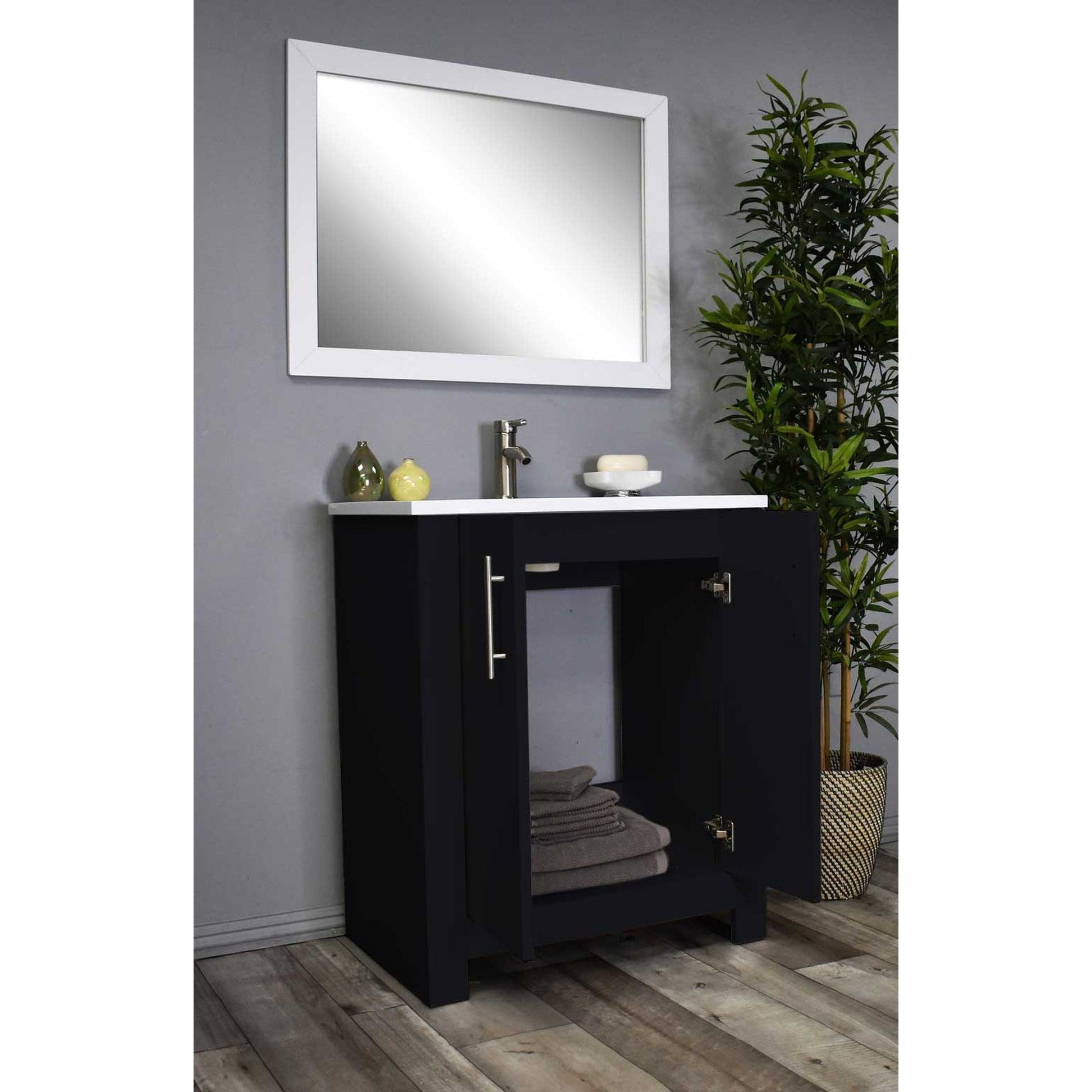 Volpa USA Austin 24" x 20" Glossy Black Modern Freestanding Bathroom Vanity With Acrylic Top, Integrated Acrylic Sink And Brushed Nickel Handles