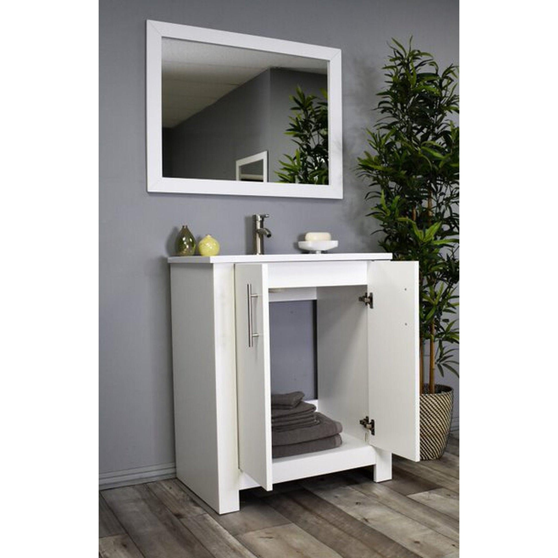 Volpa USA Austin 24" x 20" Glossy White Modern Freestanding Bathroom Vanity With Acrylic Top, Integrated Acrylic Sink And Brushed Nickel Handles