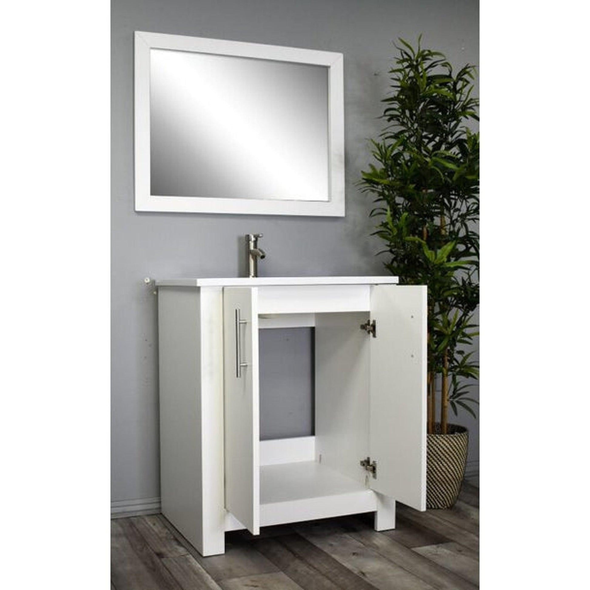 Volpa USA Austin 24" x 20" White Modern Freestanding Bathroom Vanity With Acrylic Top, Integrated Acrylic Sink And Brushed Nickel Handles