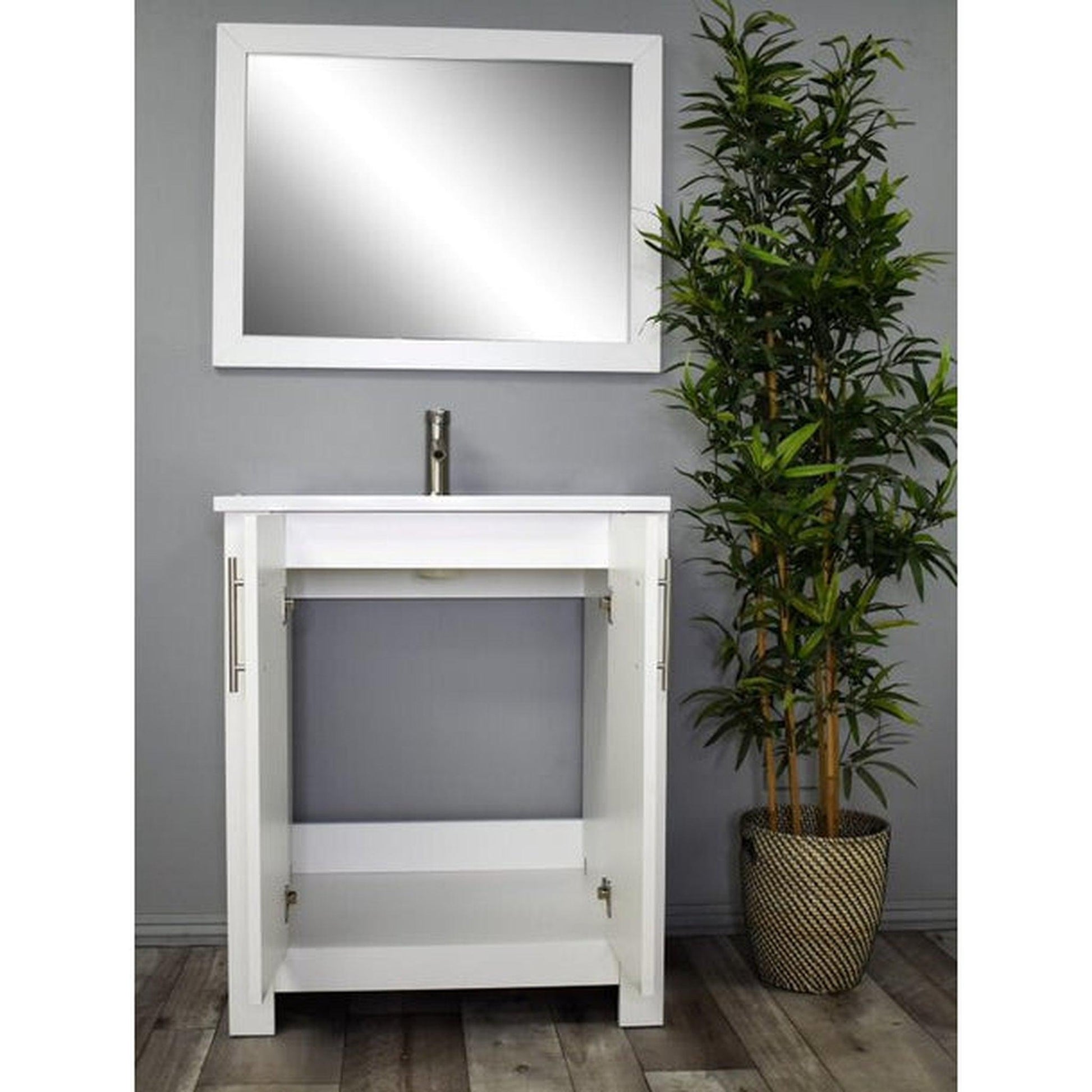 Volpa USA Austin 24" x 20" White Modern Freestanding Bathroom Vanity With Acrylic Top, Integrated Acrylic Sink And Brushed Nickel Handles