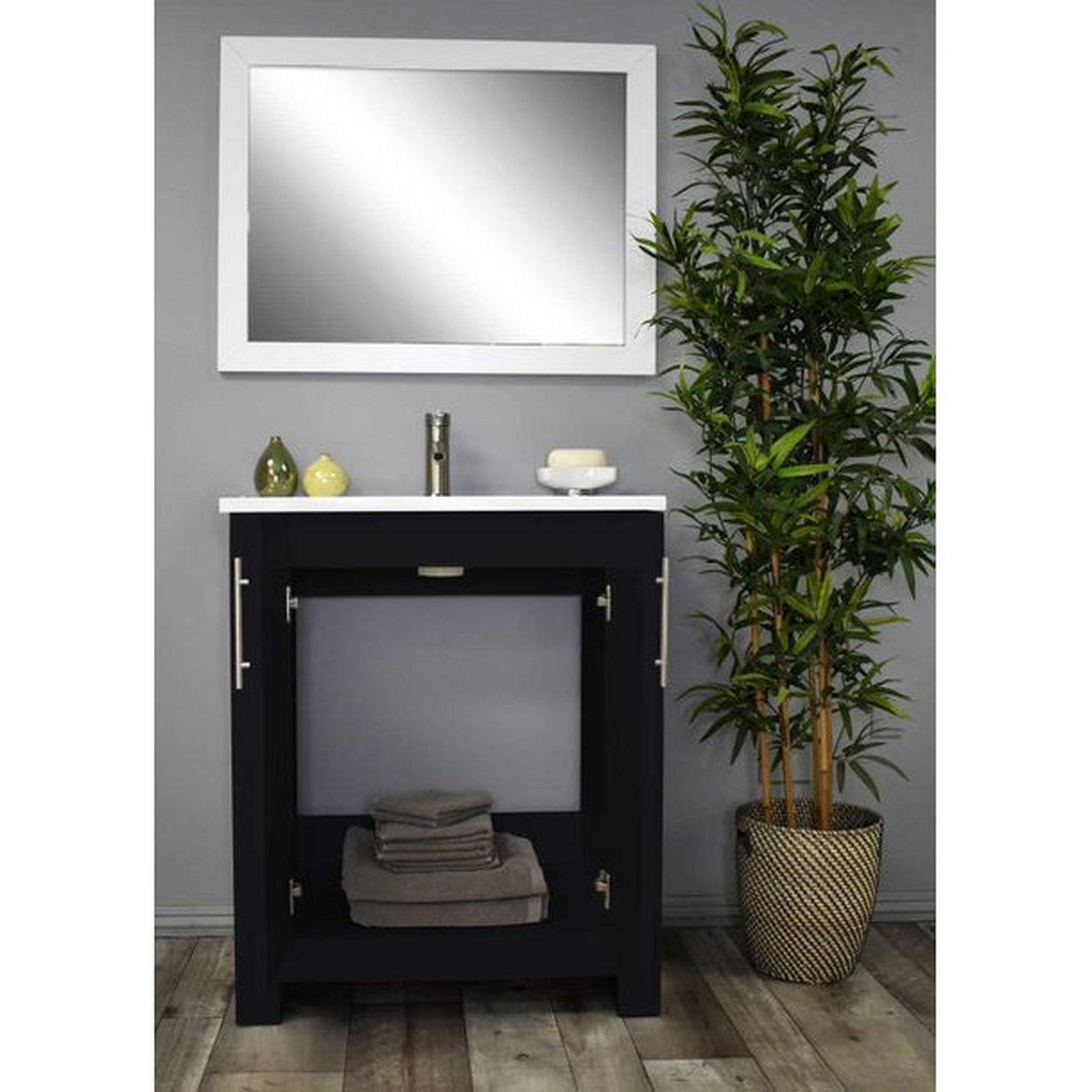 Volpa USA Austin 30" x 20" Black Modern Freestanding Bathroom Vanity With Acrylic Top, Integrated Acrylic Sink And Brushed Nickel Handles