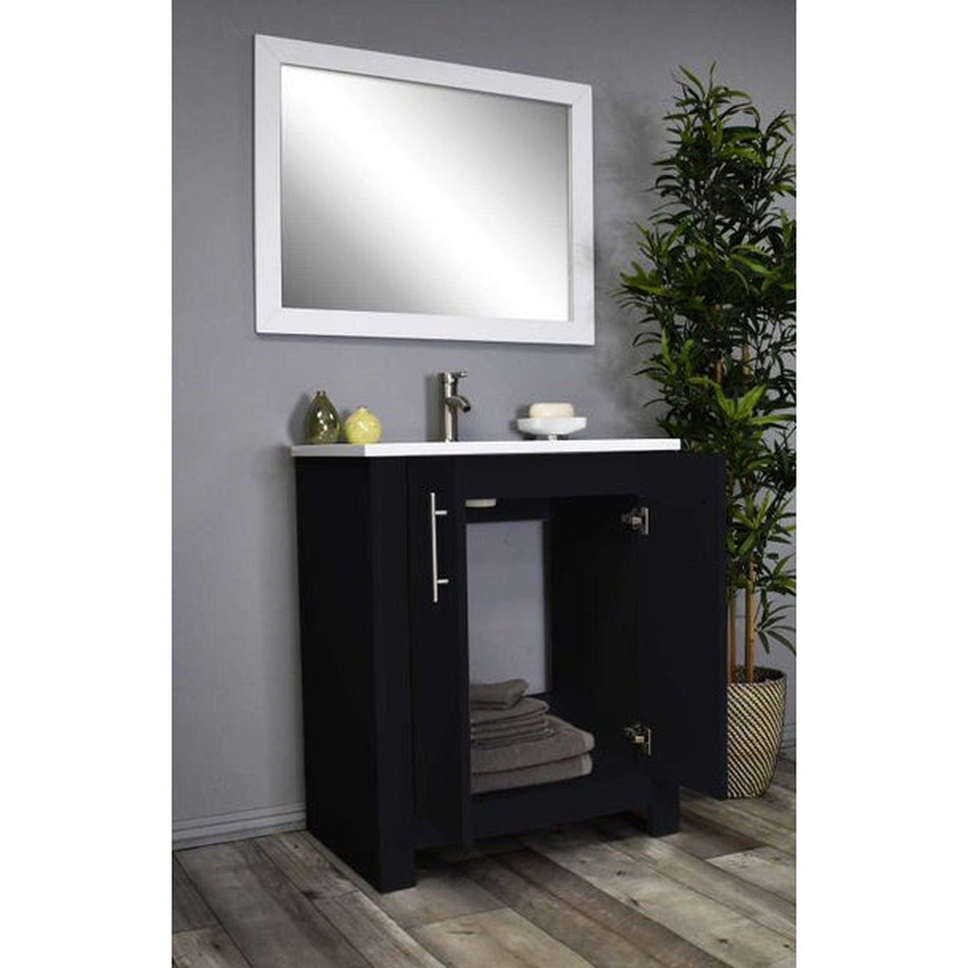 Volpa USA Austin 30" x 20" Glossy Black Modern Freestanding Bathroom Vanity With Acrylic Top, Integrated Acrylic Sink And Brushed Nickel Handles