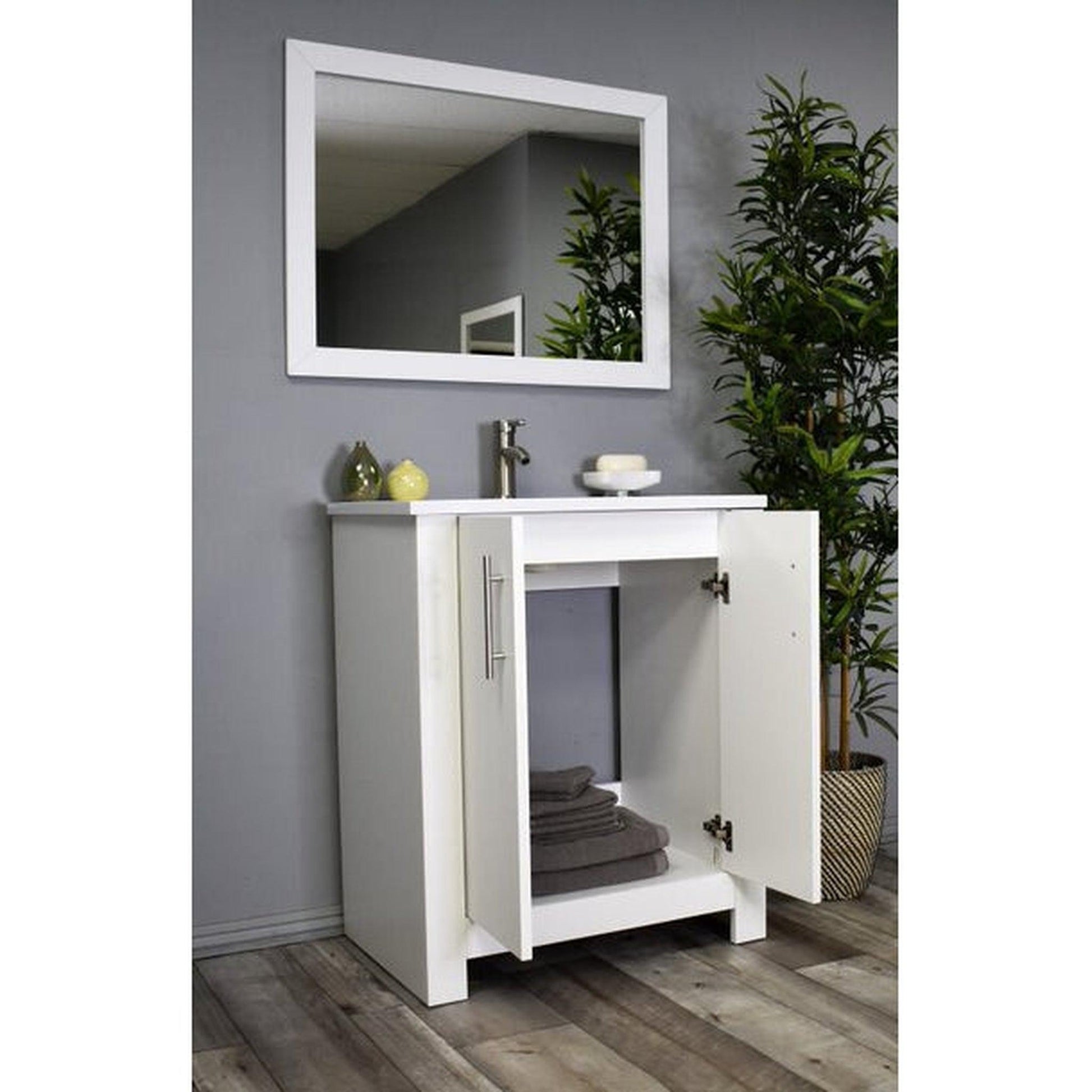 Volpa USA Austin 30" x 20" Glossy White Modern Freestanding Bathroom Vanity With Acrylic Top, Integrated Acrylic Sink And Brushed Nickel Handles