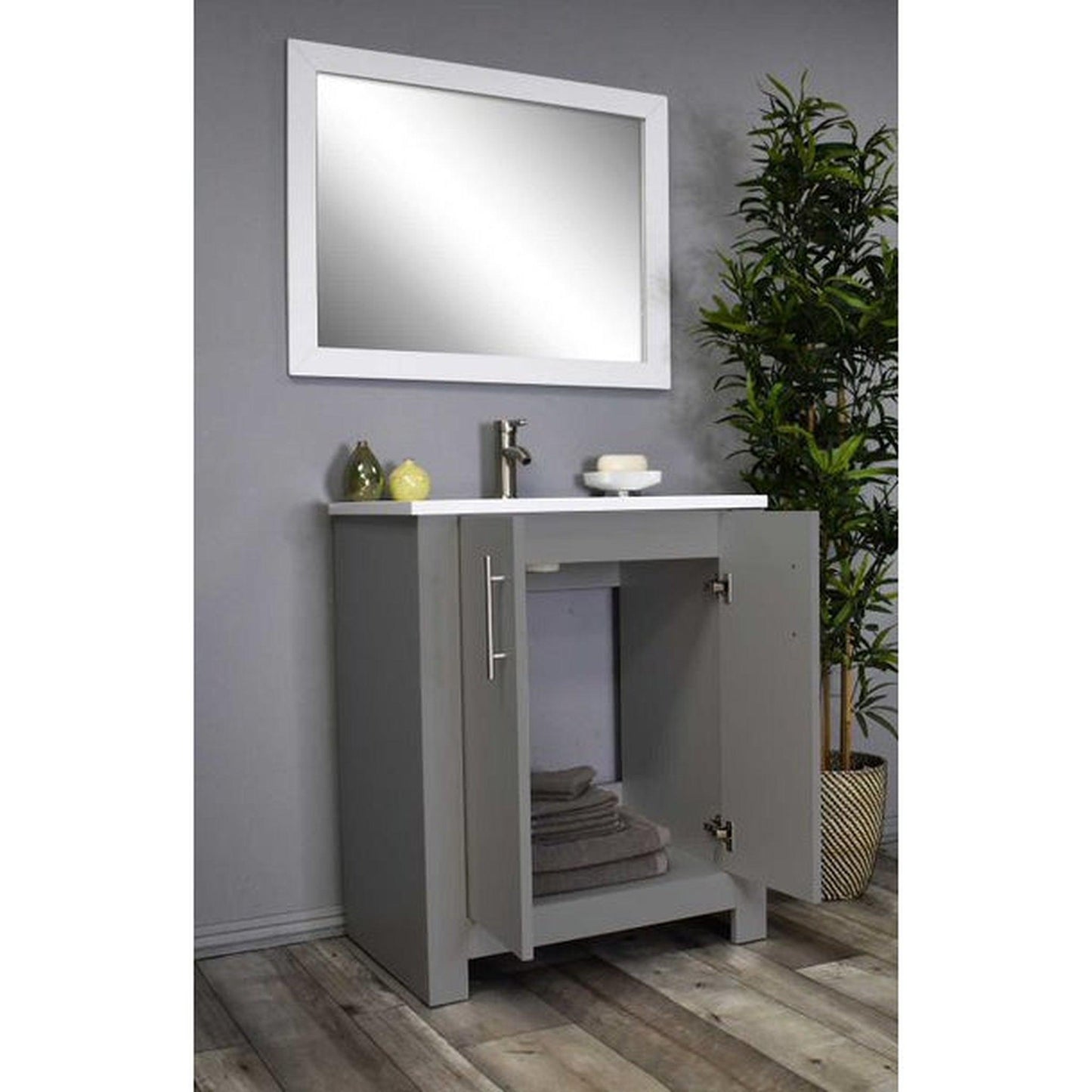 Volpa USA Austin 30" x 20" Gray Modern Freestanding Bathroom Vanity With Acrylic Top, Integrated Acrylic Sink And Brushed Nickel Handles