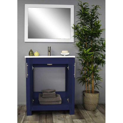 Volpa USA Austin 30" x 20" Navy Modern Freestanding Bathroom Vanity With Acrylic Top, Integrated Acrylic Sink And Brushed Nickel Handles
