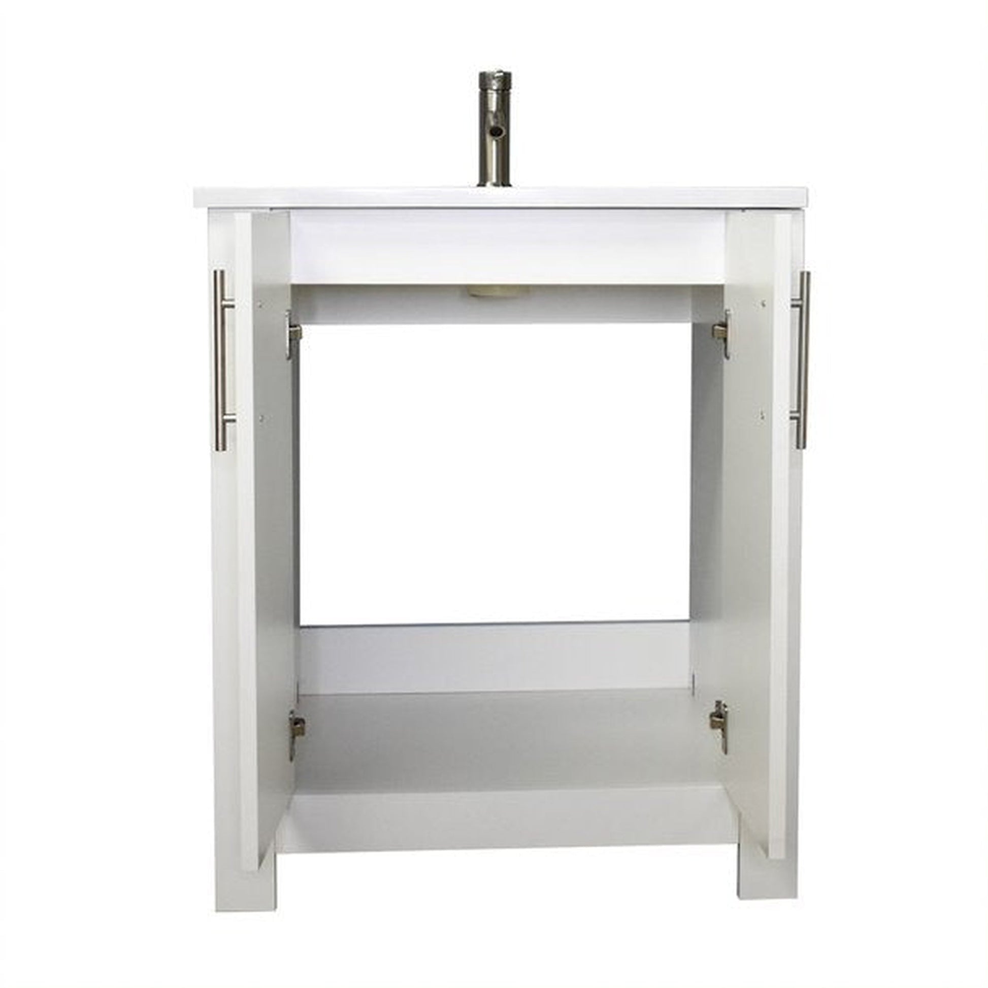 Volpa USA Austin 30" x 20" White Modern Freestanding Bathroom Vanity With Acrylic Top, Integrated Acrylic Sink And Brushed Nickel Handles
