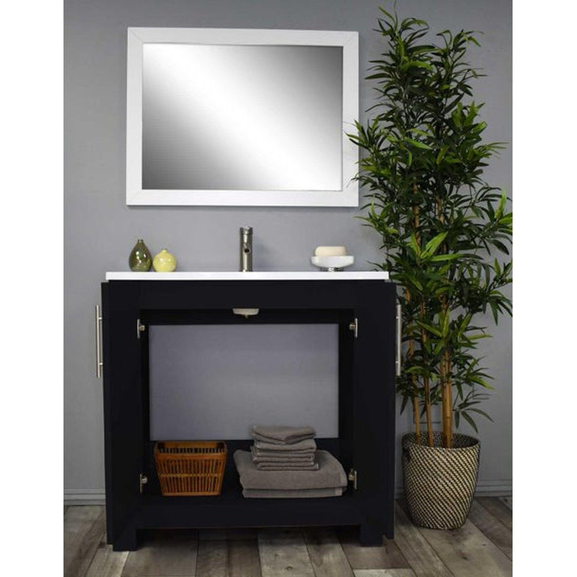 Volpa USA Austin 36" x 20" Black Modern Freestanding Bathroom Vanity With Acrylic Top, Integrated Acrylic Sink And Brushed Nickel Handles