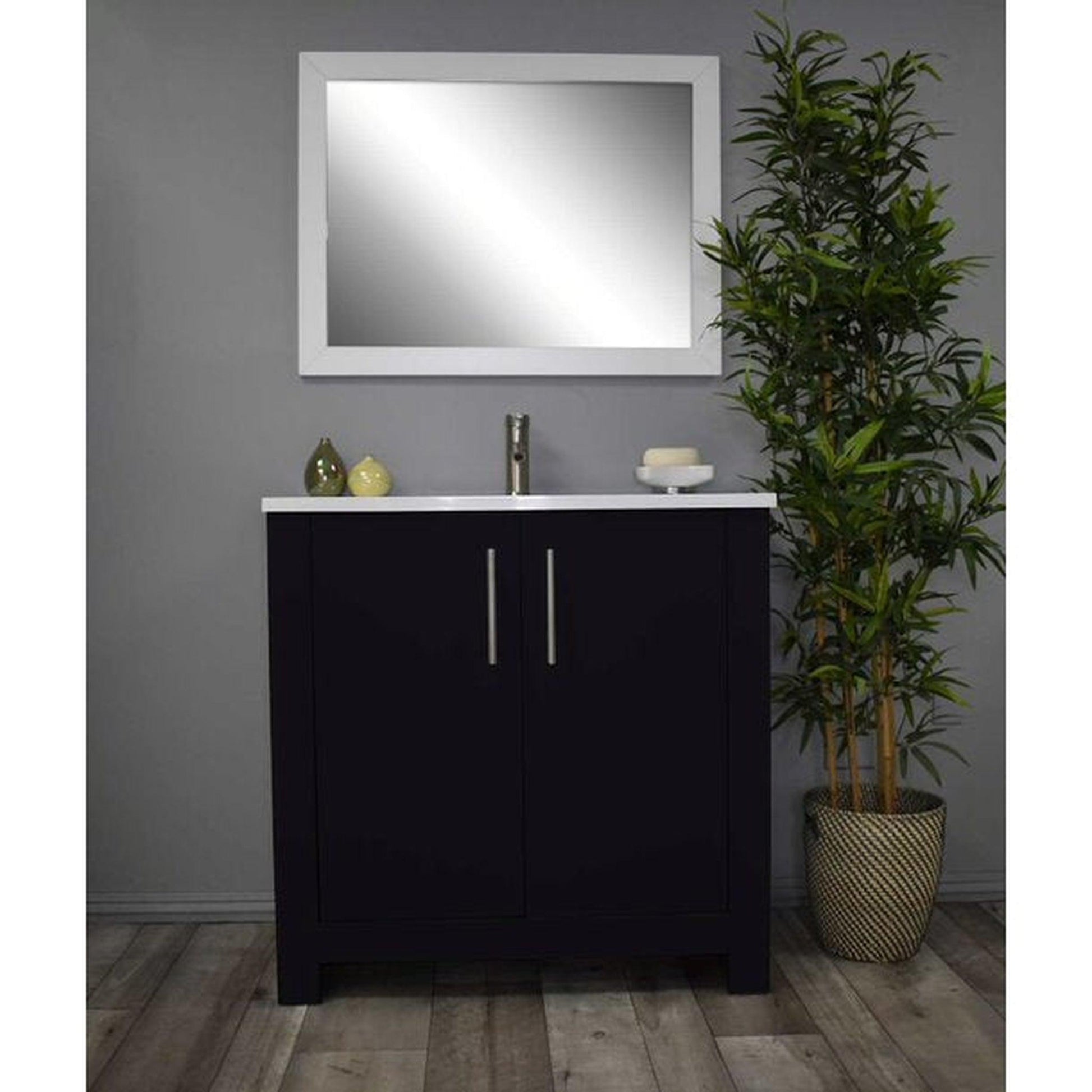 Volpa USA Austin 36" x 20" Glossy Black Modern Freestanding Bathroom Vanity With Acrylic Top, Integrated Acrylic Sink And Brushed Nickel Handles