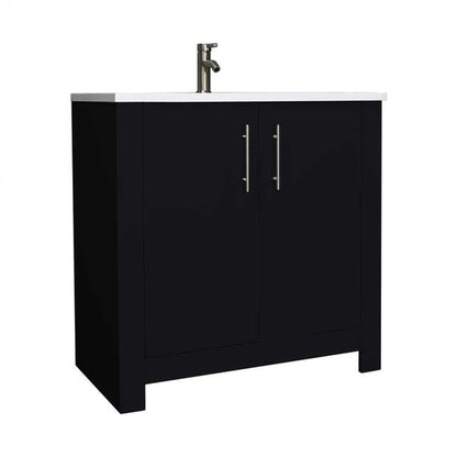 Volpa USA Austin 36" x 20" Glossy Black Modern Freestanding Bathroom Vanity With Acrylic Top, Integrated Acrylic Sink And Brushed Nickel Handles