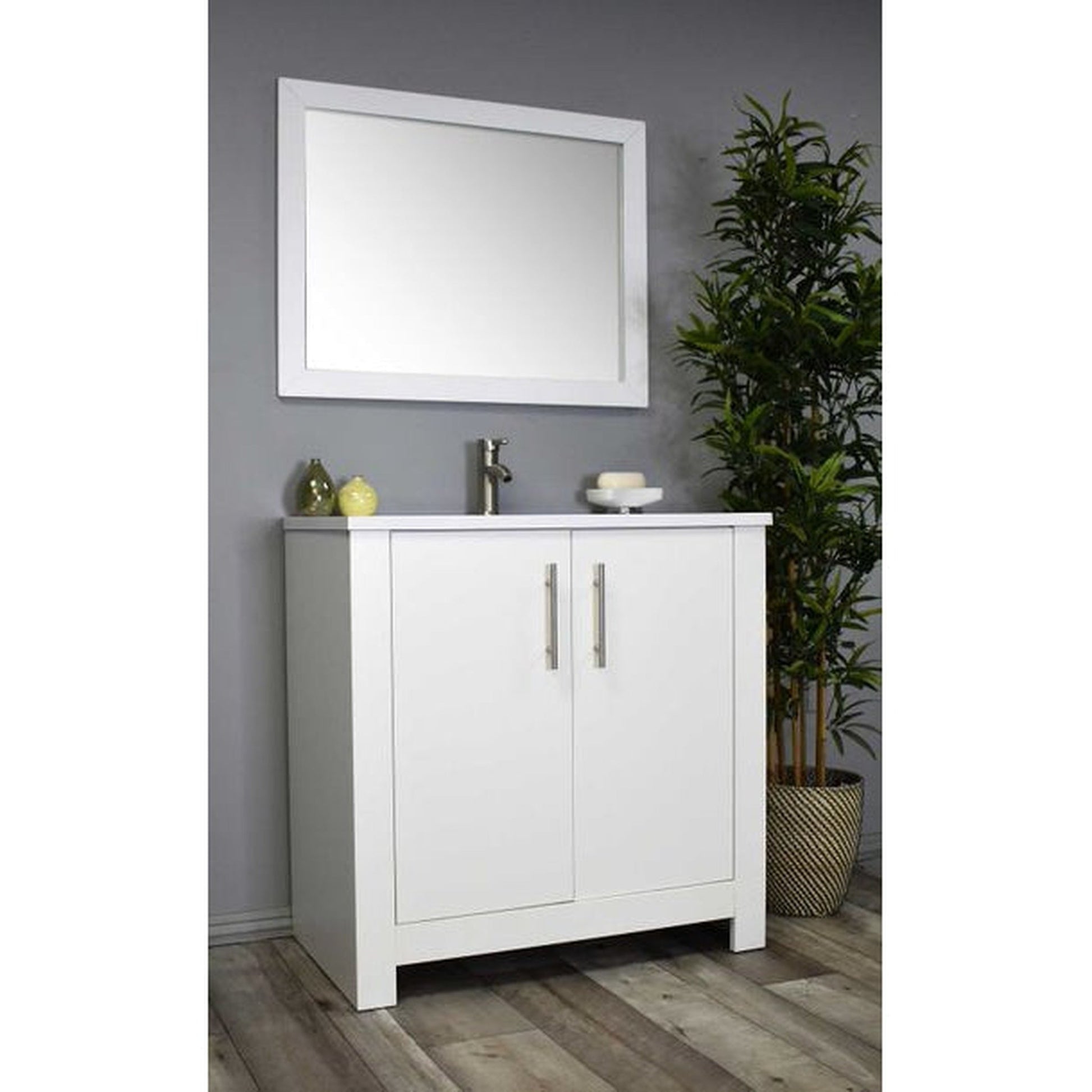 Volpa USA Austin 36" x 20" Glossy White Modern Freestanding Bathroom Vanity With Acrylic Top, Integrated Acrylic Sink And Brushed Nickel Handles