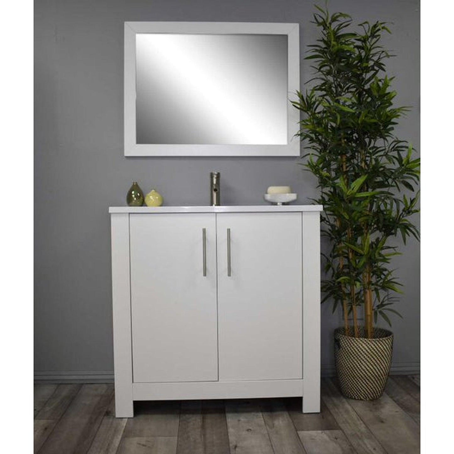 Volpa USA Austin 36" x 20" Glossy White Modern Freestanding Bathroom Vanity With Acrylic Top, Integrated Acrylic Sink And Brushed Nickel Handles