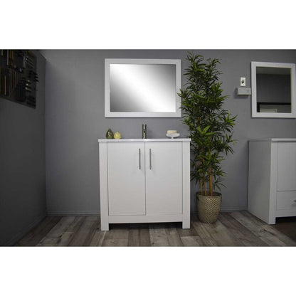 Volpa USA Austin 36" x 20" Glossy White Modern Freestanding Bathroom Vanity With Acrylic Top, Integrated Acrylic Sink And Brushed Nickel Handles