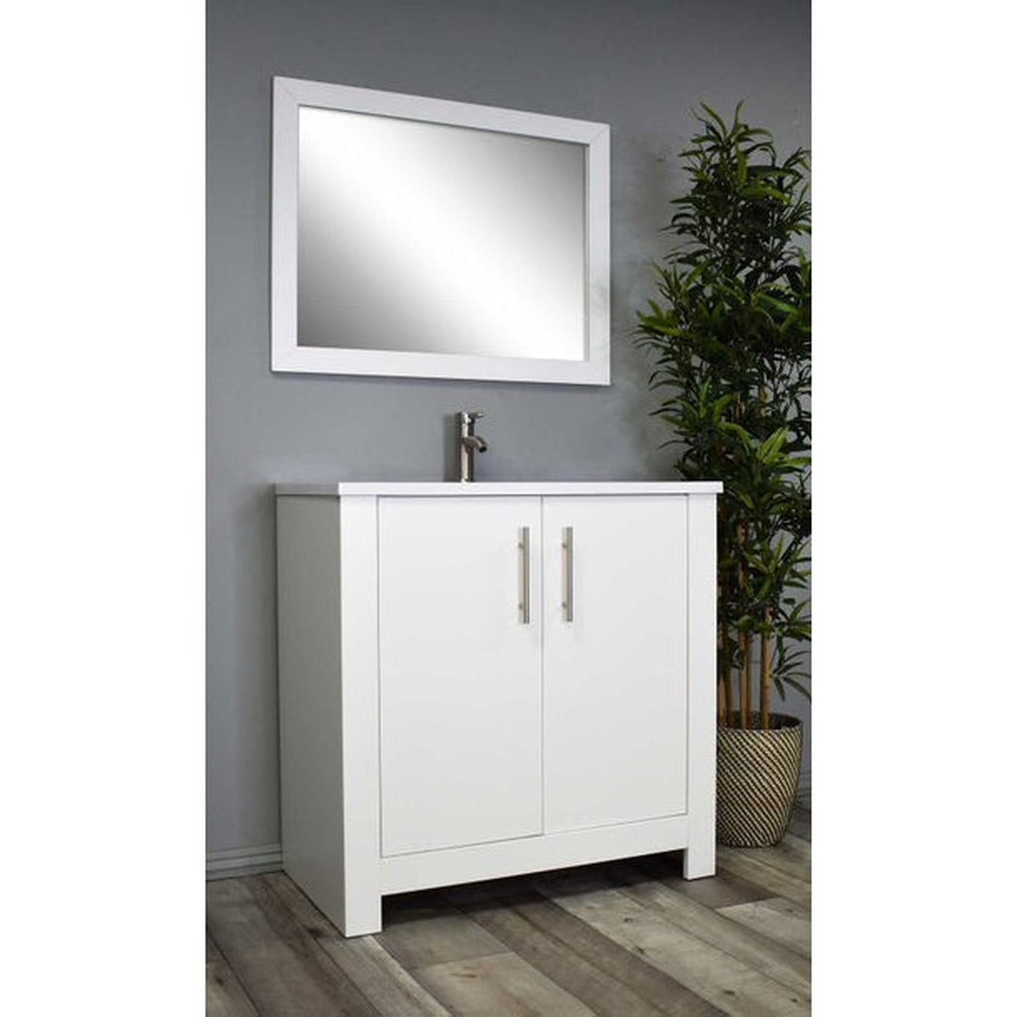 Volpa USA Austin 36" x 20" Glossy White Modern Freestanding Bathroom Vanity With Acrylic Top, Integrated Acrylic Sink And Brushed Nickel Handles