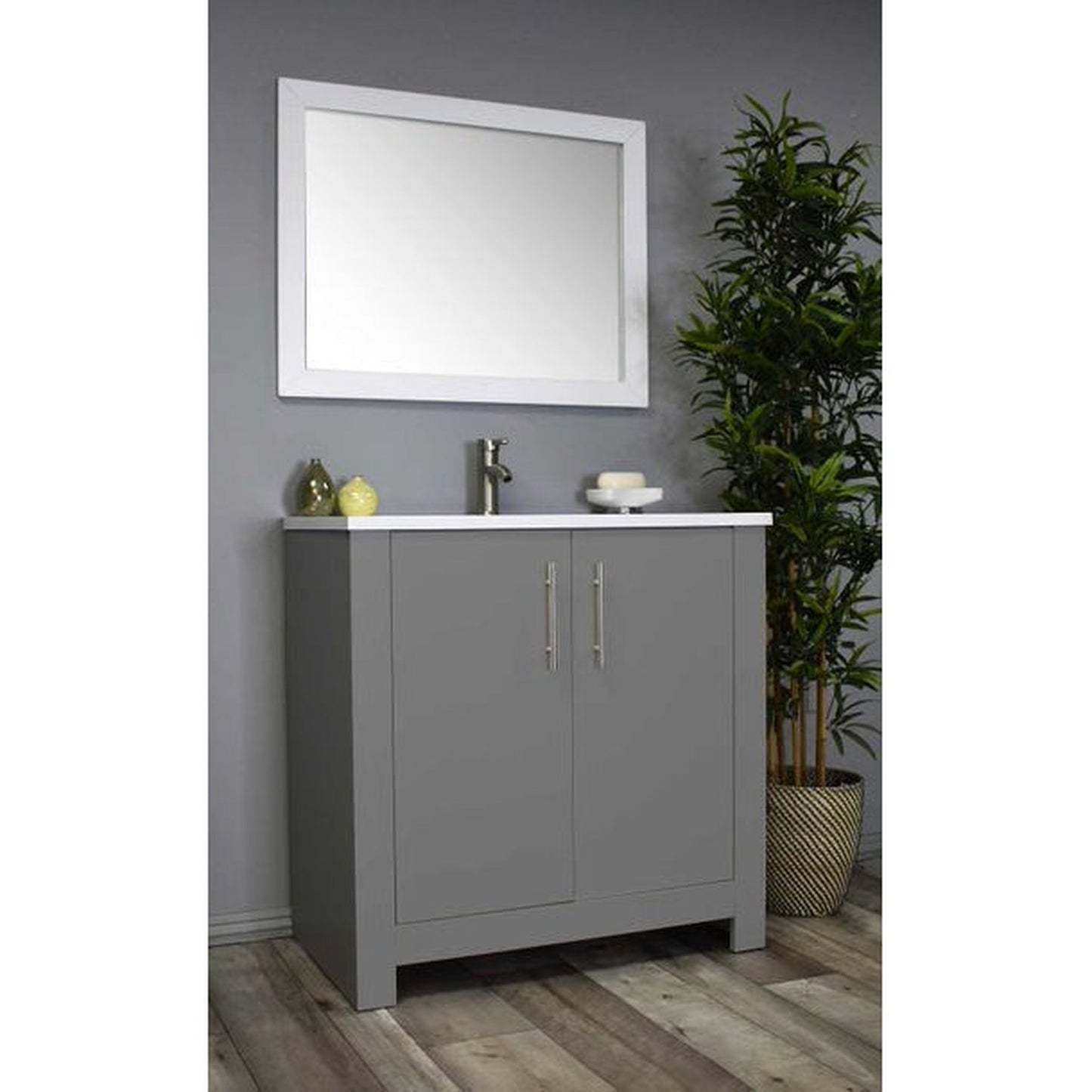 Volpa USA Austin 36" x 20" Gray Modern Freestanding Bathroom Vanity With Acrylic Top, Integrated Acrylic Sink And Brushed Nickel Handles