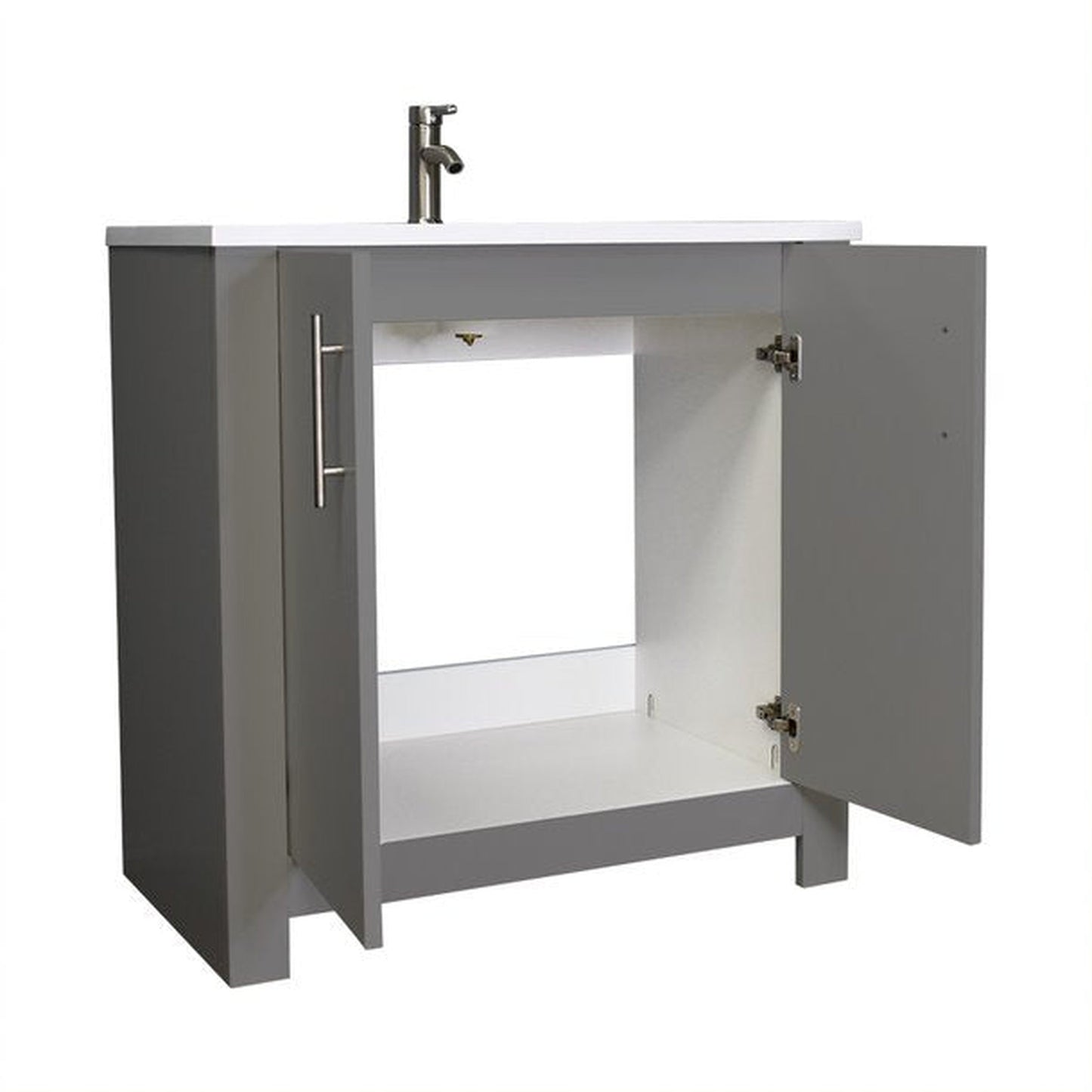 Volpa USA Austin 36" x 20" Gray Modern Freestanding Bathroom Vanity With Acrylic Top, Integrated Acrylic Sink And Brushed Nickel Handles
