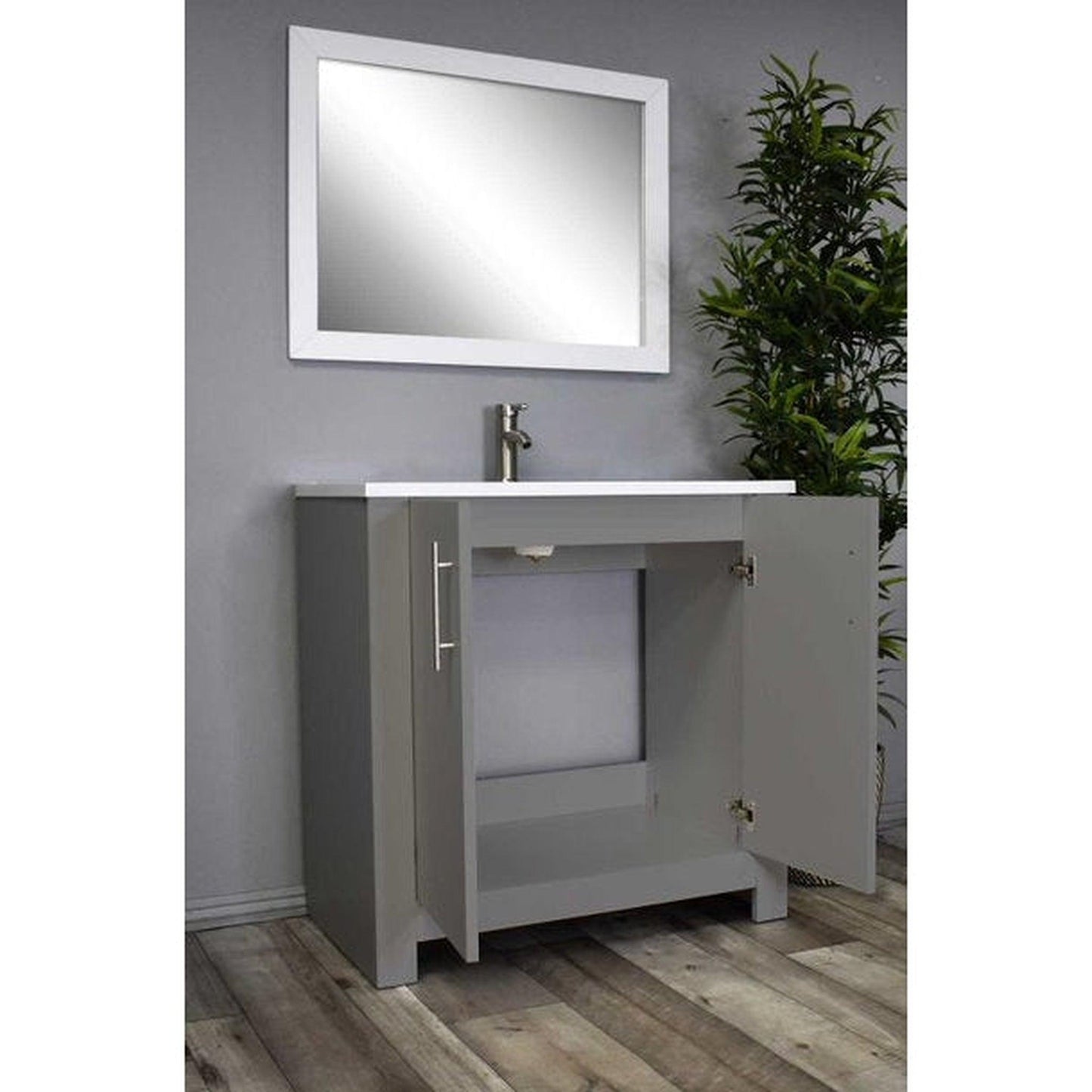 Volpa USA Austin 36" x 20" Gray Modern Freestanding Bathroom Vanity With Acrylic Top, Integrated Acrylic Sink And Brushed Nickel Handles