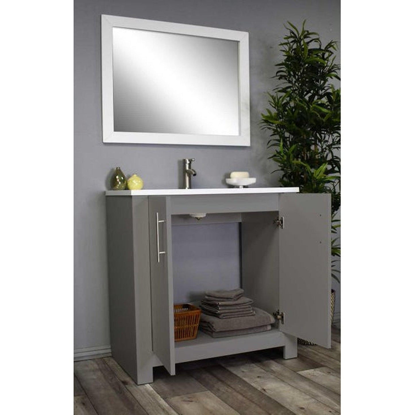 Volpa USA Austin 36" x 20" Gray Modern Freestanding Bathroom Vanity With Acrylic Top, Integrated Acrylic Sink And Brushed Nickel Handles