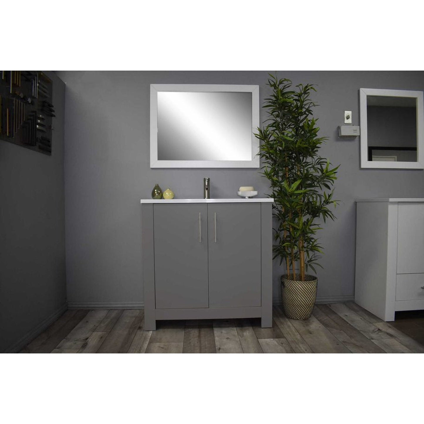 Volpa USA Austin 36" x 20" Gray Modern Freestanding Bathroom Vanity With Acrylic Top, Integrated Acrylic Sink And Brushed Nickel Handles