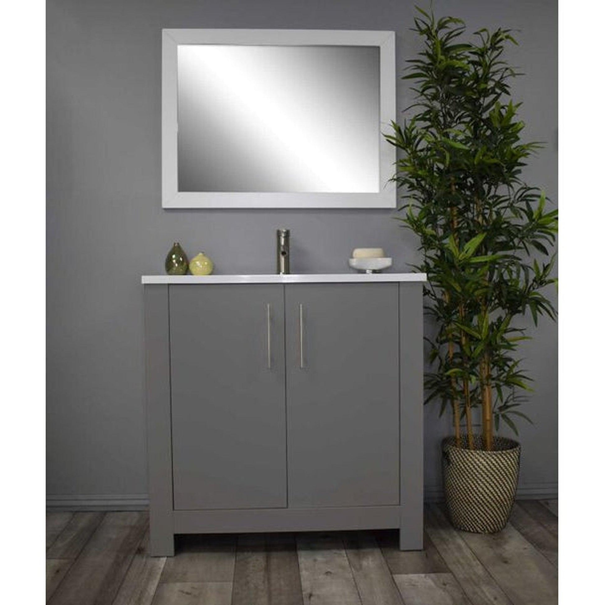 Volpa USA Austin 36" x 20" Gray Modern Freestanding Bathroom Vanity With Acrylic Top, Integrated Acrylic Sink And Brushed Nickel Handles