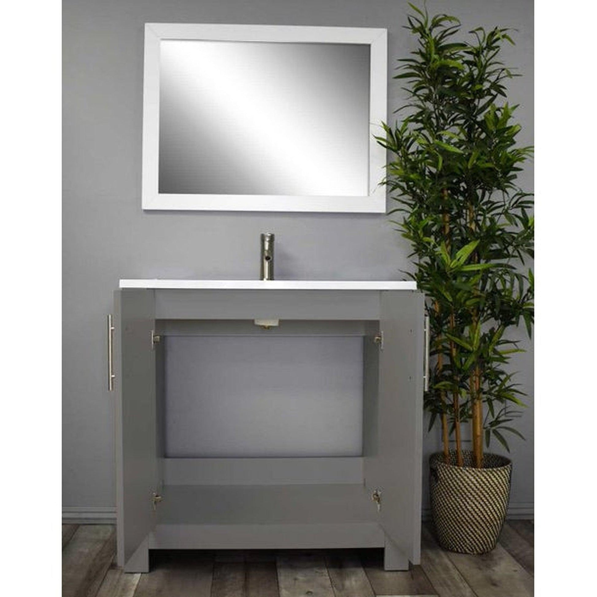 Volpa USA Austin 36" x 20" Gray Modern Freestanding Bathroom Vanity With Acrylic Top, Integrated Acrylic Sink And Brushed Nickel Handles