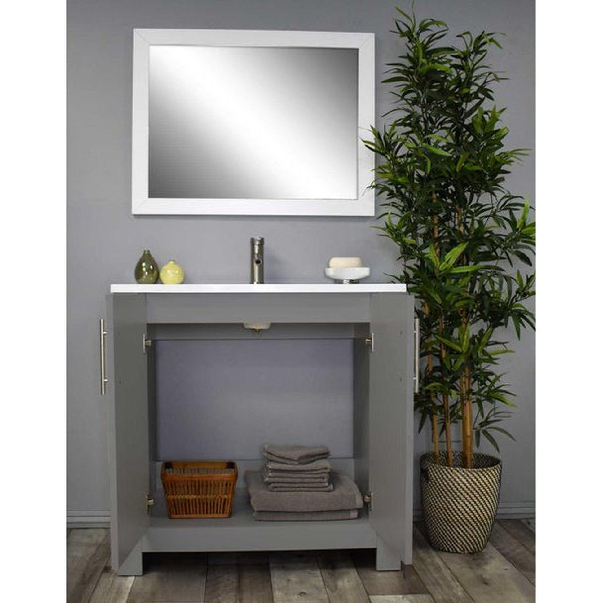 Volpa USA Austin 36" x 20" Gray Modern Freestanding Bathroom Vanity With Acrylic Top, Integrated Acrylic Sink And Brushed Nickel Handles