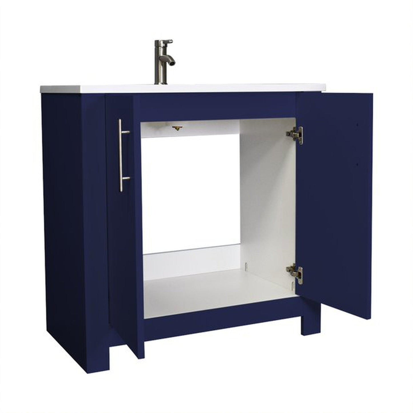 Volpa USA Austin 36" x 20" Navy Modern Freestanding Bathroom Vanity With Acrylic Top, Integrated Acrylic Sink And Brushed Nickel Handles