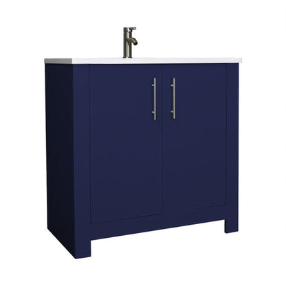 Volpa USA Austin 36" x 20" Navy Modern Freestanding Bathroom Vanity With Acrylic Top, Integrated Acrylic Sink And Brushed Nickel Handles