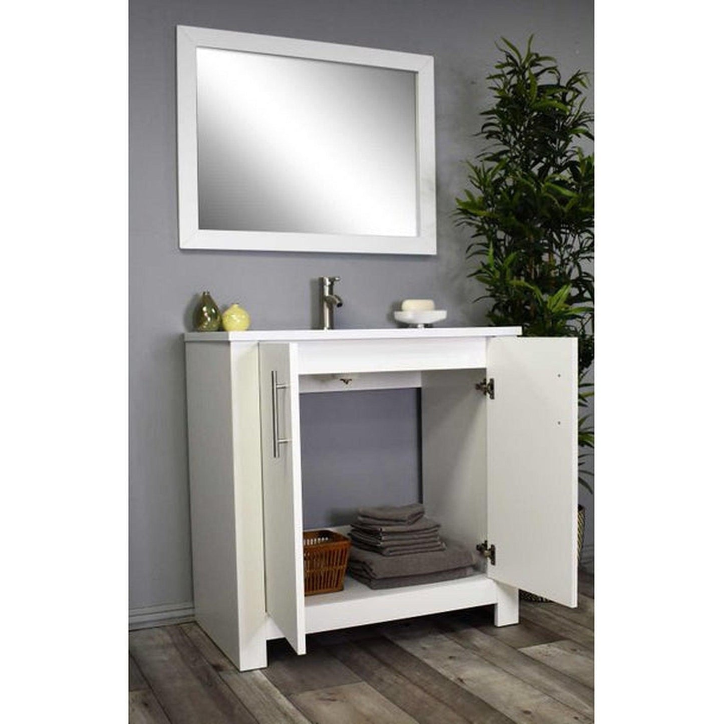 Volpa USA Austin 36" x 20" White Modern Freestanding Bathroom Vanity With Acrylic Top, Integrated Acrylic Sink And Brushed Nickel Handles