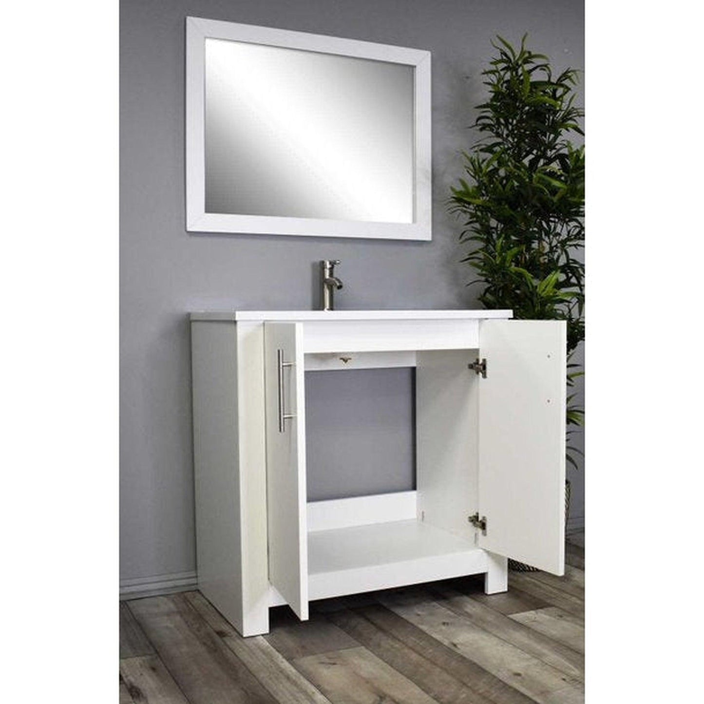 Volpa USA Austin 36" x 20" White Modern Freestanding Bathroom Vanity With Acrylic Top, Integrated Acrylic Sink And Brushed Nickel Handles